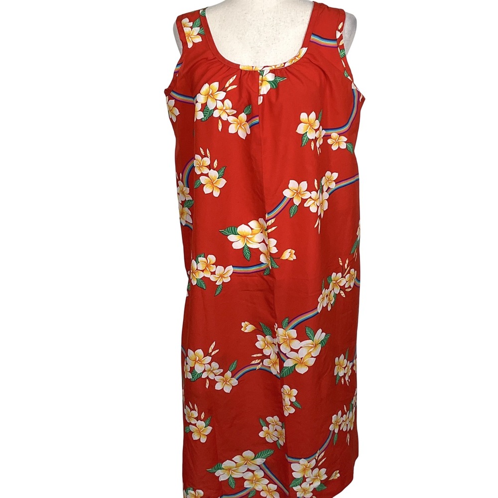 Hilo Hattie's Dress Women M Red Floral Yellow Rainbow Hawaiian Muumuu Sleeveless